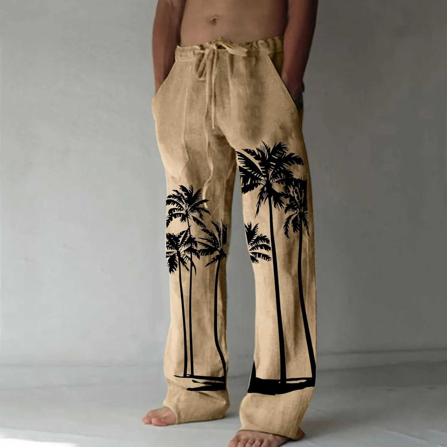 Men's Linen Cotton Pants Loose Fit Coconut Tree Printed Drawstring Casual Lightweight Elastic Waist Beach Pants