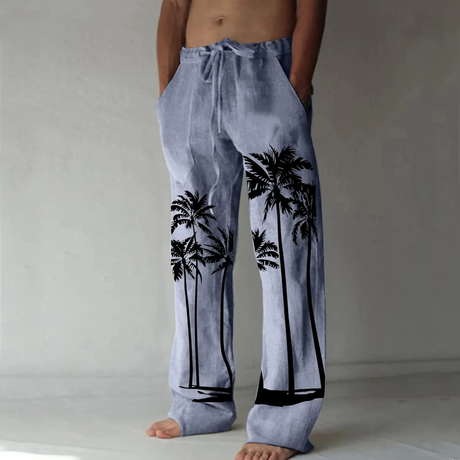 Men's Linen Cotton Pants Loose Fit Coconut Tree Printed Drawstring Casual Lightweight Elastic Waist Beach Pants