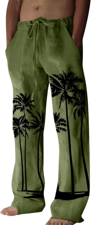 Men's Linen Cotton Pants Loose Fit Coconut Tree Printed Drawstring Casual Lightweight Elastic Waist Beach Pants