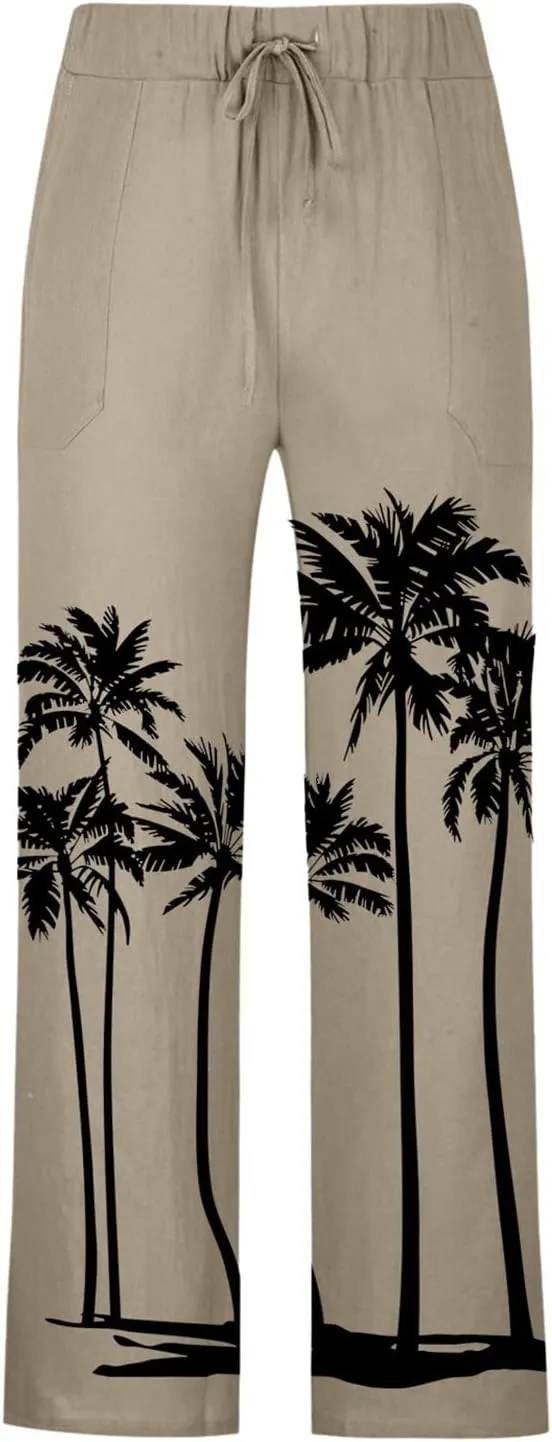 Men's Linen Cotton Pants Loose Fit Coconut Tree Printed Drawstring Casual Lightweight Elastic Waist Beach Pants