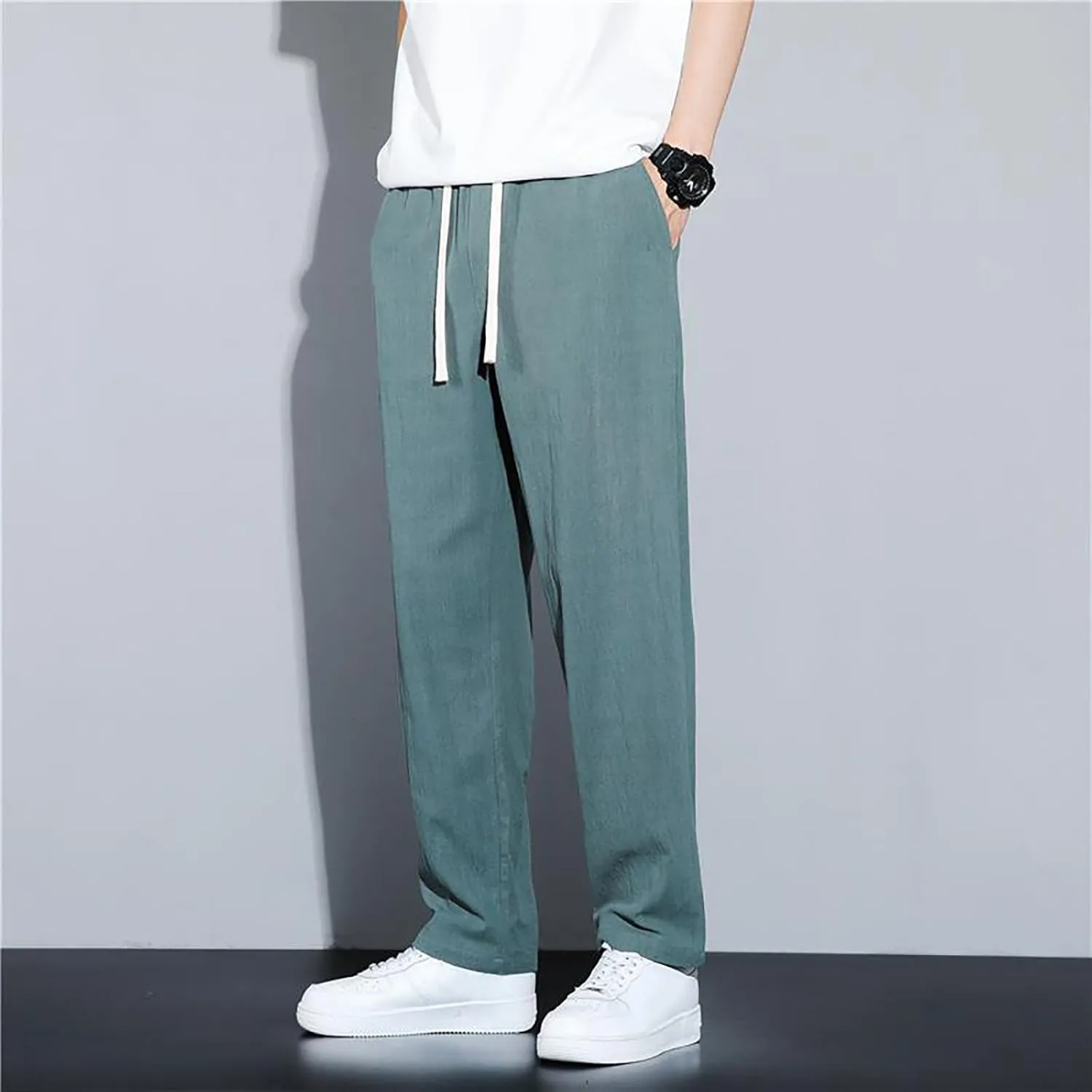 Men's Linen Pants 2025 Casual Summer Beach Dress Pants Drawstring Straight Lightweight Soft High Waisted Trousers