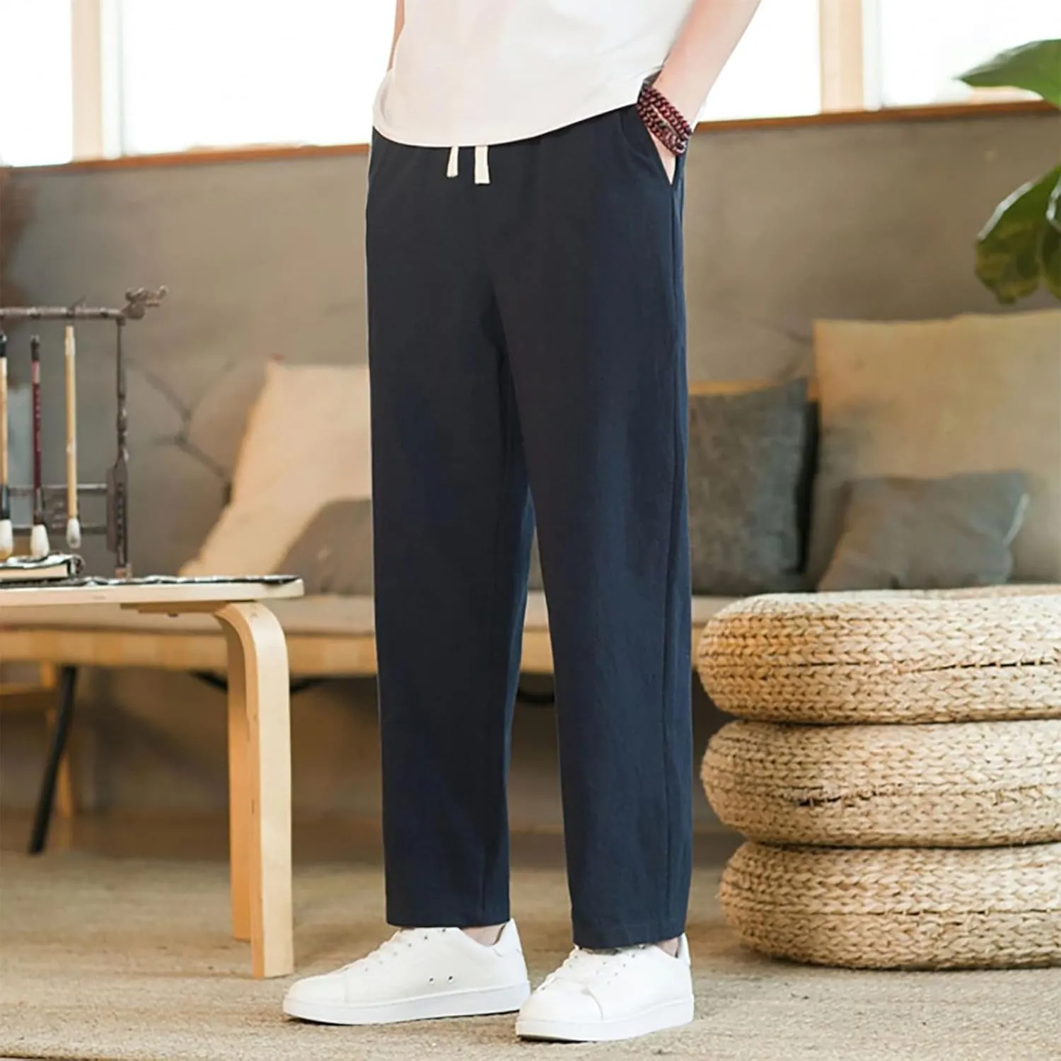 Men's Linen Pants 2025 Casual Summer Beach Dress Pants Drawstring Straight Lightweight Soft High Waisted Trousers