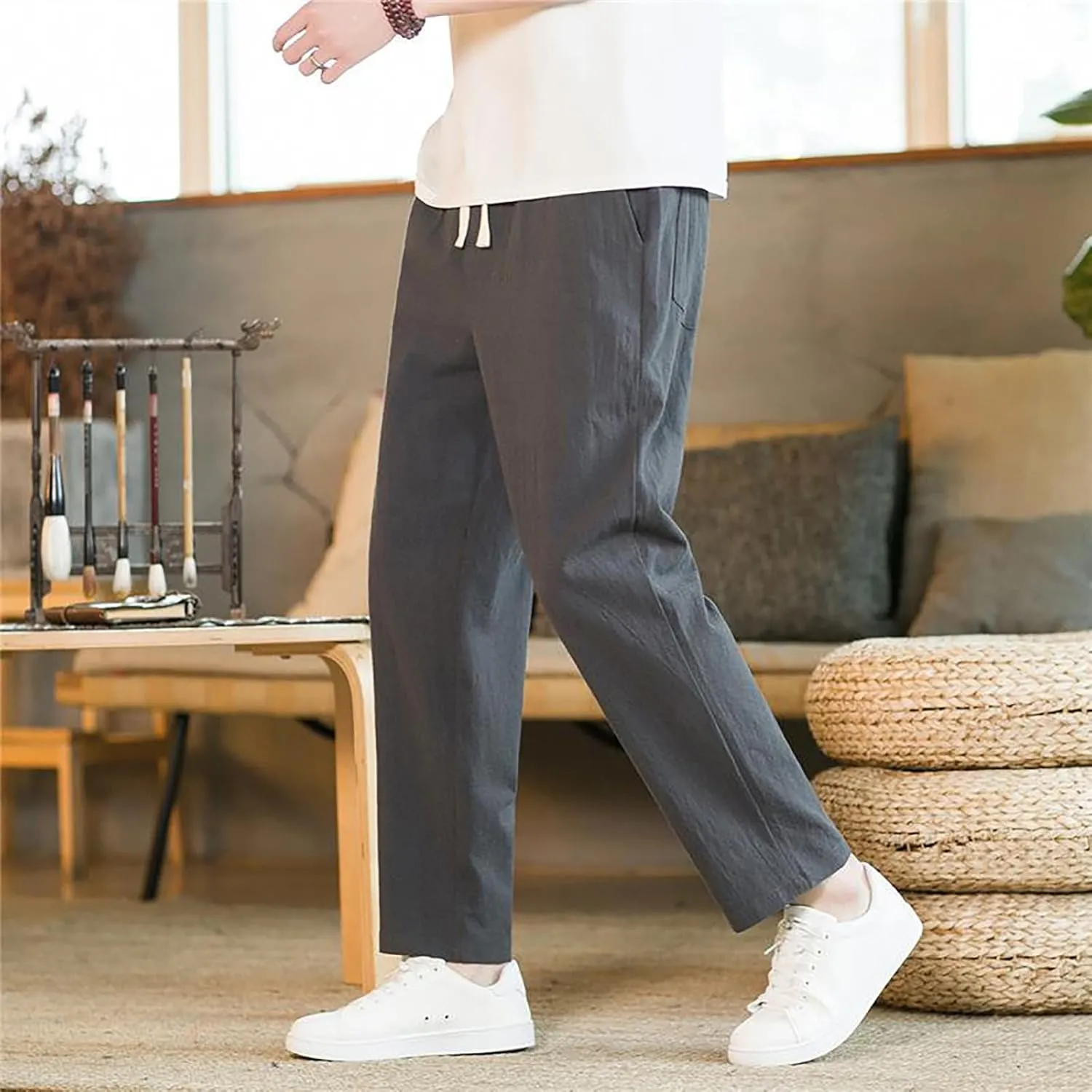 Men's Linen Pants 2025 Casual Summer Beach Dress Pants Drawstring Straight Lightweight Soft High Waisted Trousers