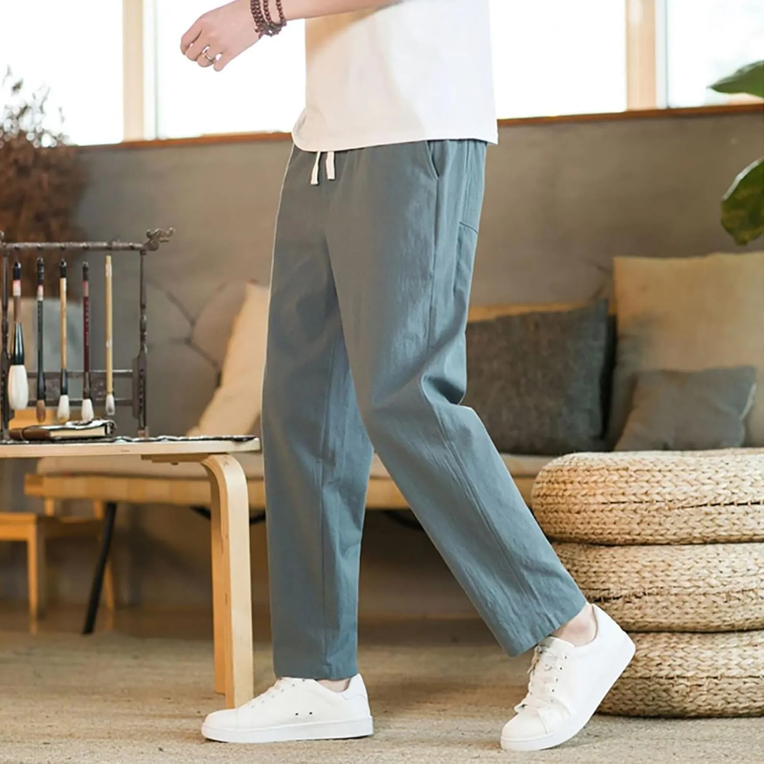 Men's Linen Pants 2025 Casual Summer Beach Dress Pants Drawstring Straight Lightweight Soft High Waisted Trousers