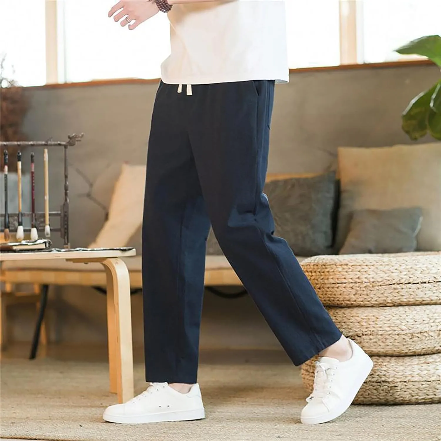 Men's Linen Pants 2025 Casual Summer Beach Dress Pants Drawstring Straight Lightweight Soft High Waisted Trousers