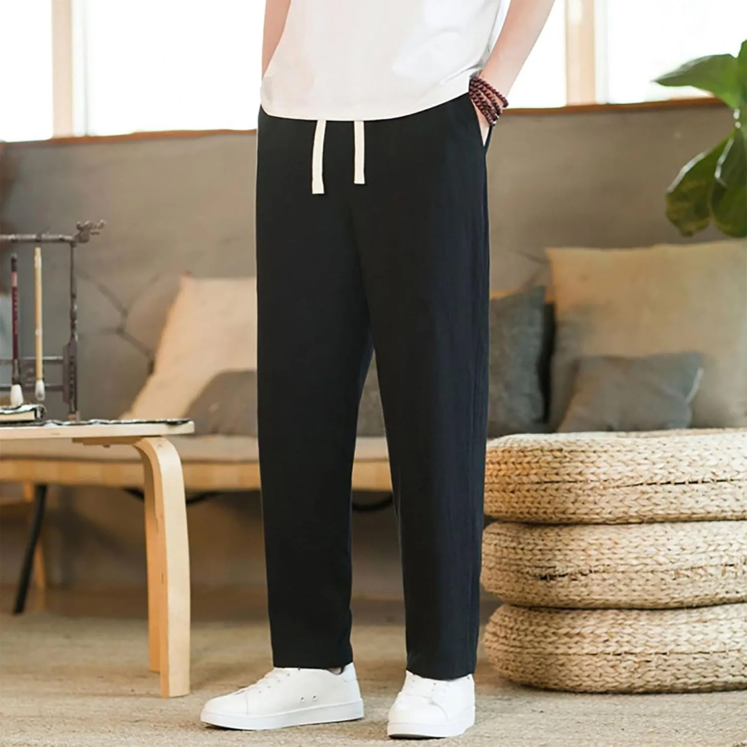 Men's Linen Pants 2025 Casual Summer Beach Dress Pants Drawstring Straight Lightweight Soft High Waisted Trousers