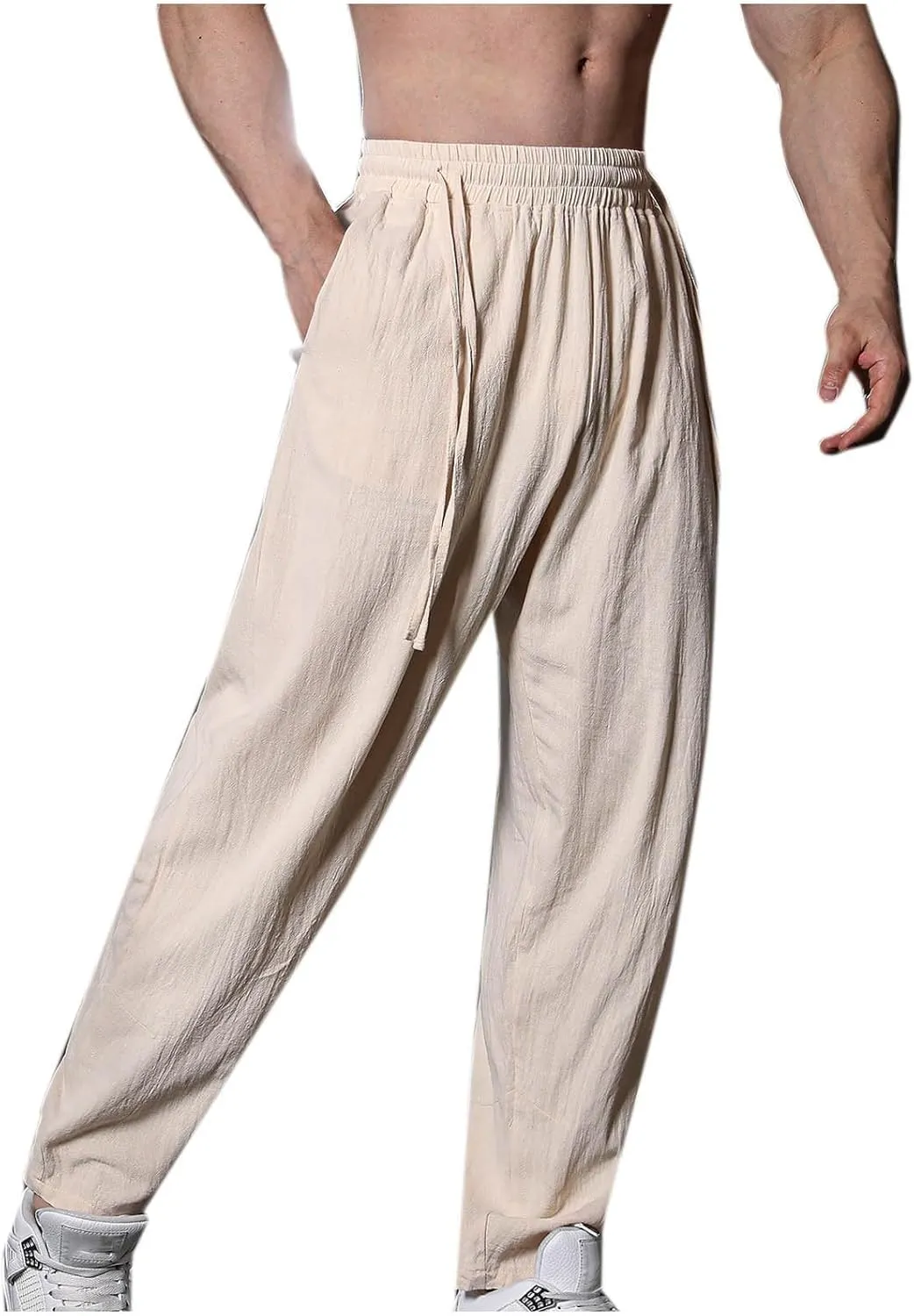 Men's Linen Pants Solid Color Elastic Waist Pants Relaxed Drawstring Pants Active Chinos Pants Comfy Joggers Pants