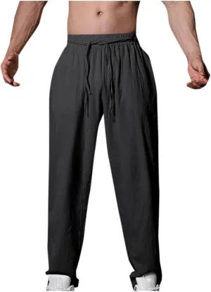 Men's Linen Pants Solid Color Elastic Waist Pants Relaxed Drawstring Pants Active Chinos Pants Comfy Joggers Pants