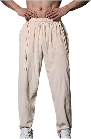 Men's Linen Pants Solid Color Elastic Waist Pants Relaxed Drawstring Pants Active Chinos Pants Comfy Joggers Pants
