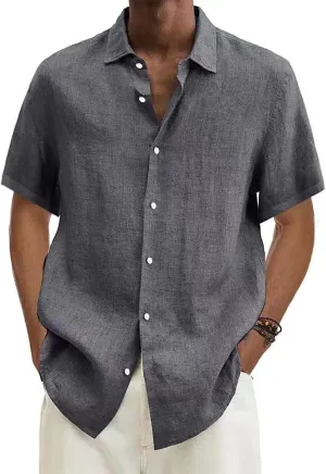 Mens Linen Shirts Casual Short Sleeve Summer Beach Shirts Loose Fit Cotton Linen Shirts Resort Clothings