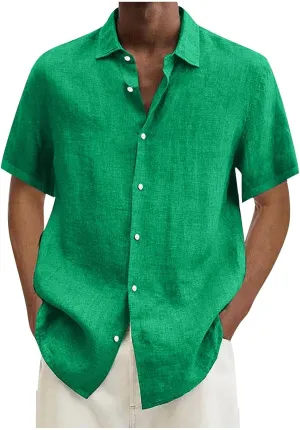 Mens Linen Shirts Casual Short Sleeve Summer Beach Shirts Loose Fit Cotton Linen Shirts Resort Clothings