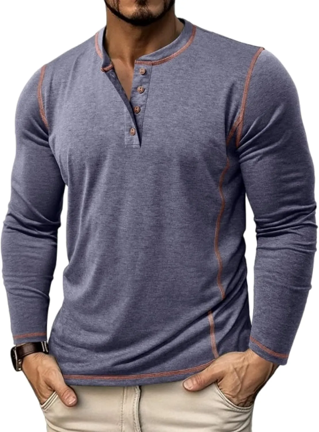 Mens Long Sleeve Tee Shirts Casual Basic Henley Shirts Lightweight Cotton Soft T-Shirts