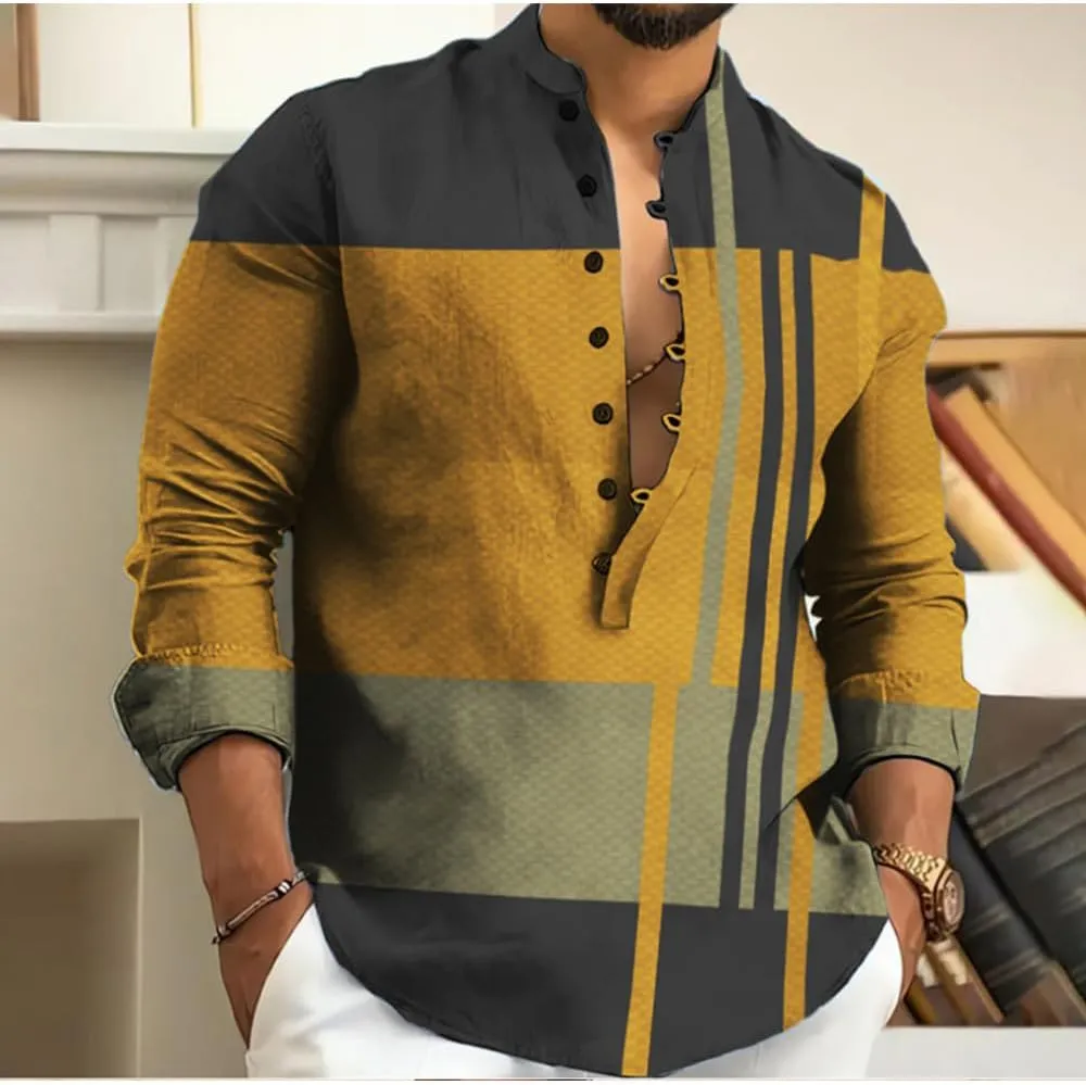 Mens Shirt Graphic Henley Shirts Colorful Plaid Linen Shirts for Men 3/4 Sleeve T-Shirts