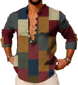 Mens Shirt Graphic Henley Shirts Colorful Plaid Linen Shirts for Men 3/4 Sleeve T-Shirts