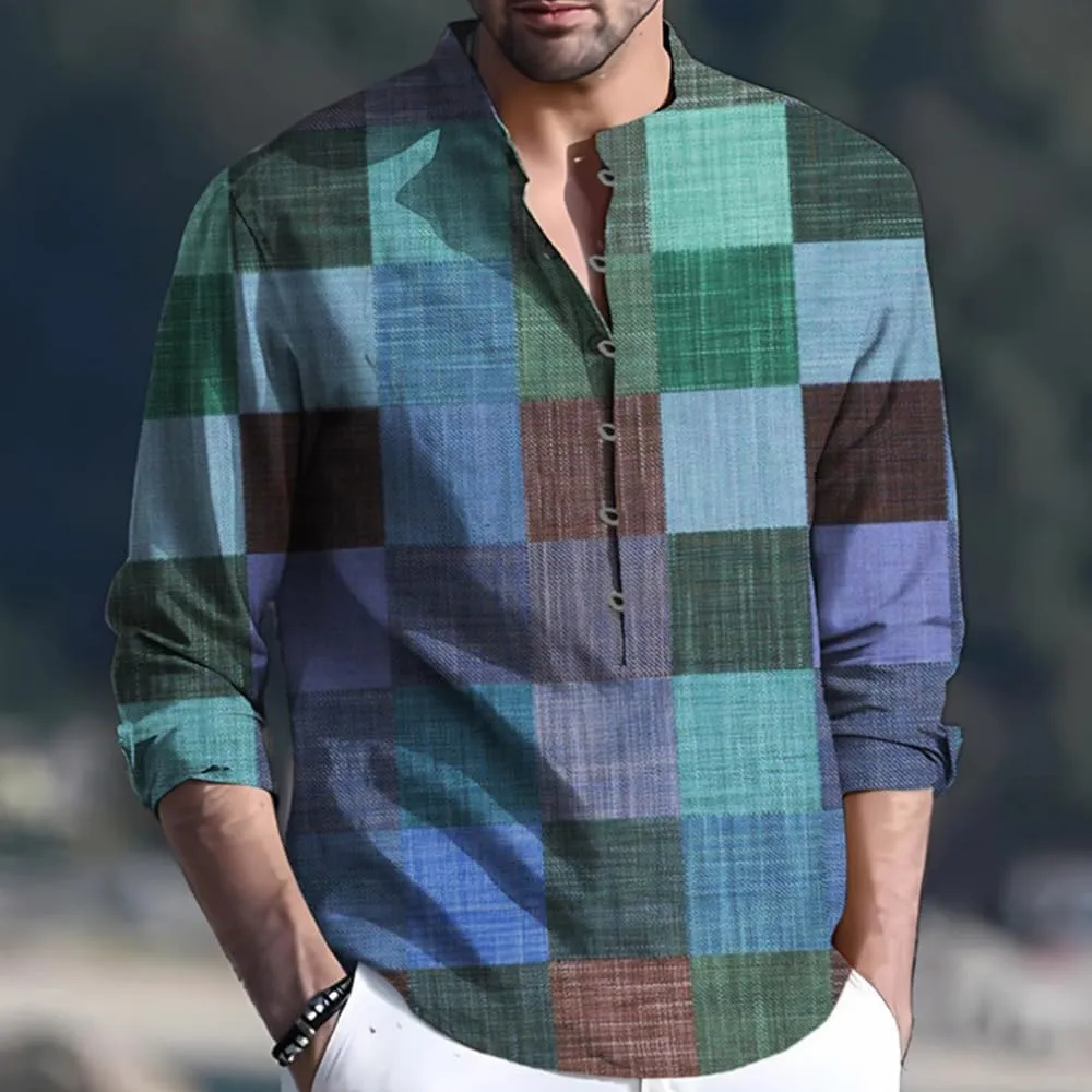 Mens Shirt Graphic Henley Shirts Colorful Plaid Linen Shirts for Men 3/4 Sleeve T-Shirts