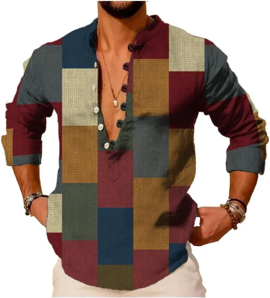Mens Shirt Graphic Henley Shirts Colorful Plaid Linen Shirts for Men 3/4 Sleeve T-Shirts