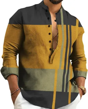 Mens Shirt Graphic Henley Shirts Colorful Plaid Linen Shirts for Men 3/4 Sleeve T-Shirts