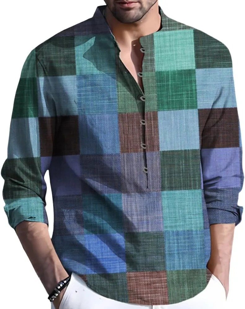Mens Shirt Graphic Henley Shirts Colorful Plaid Linen Shirts for Men 3/4 Sleeve T-Shirts
