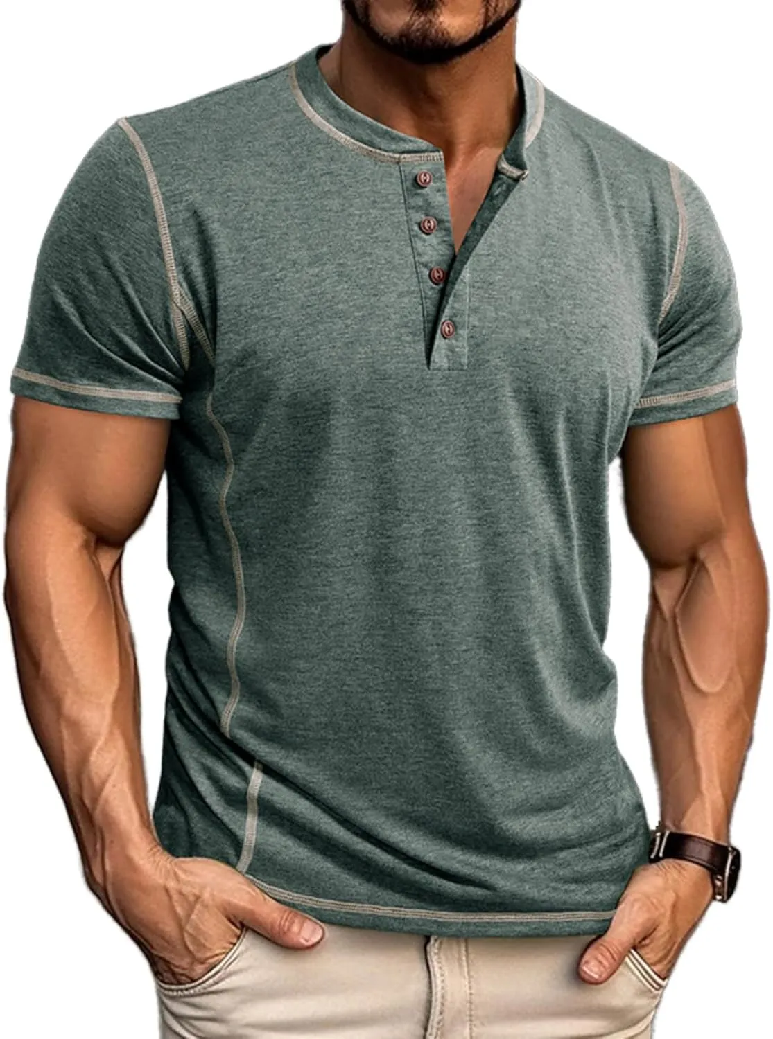 Mens Short Sleeve Shirts Casual Cotton Basic Henley Shirts Summer Lightweight T-Shirts