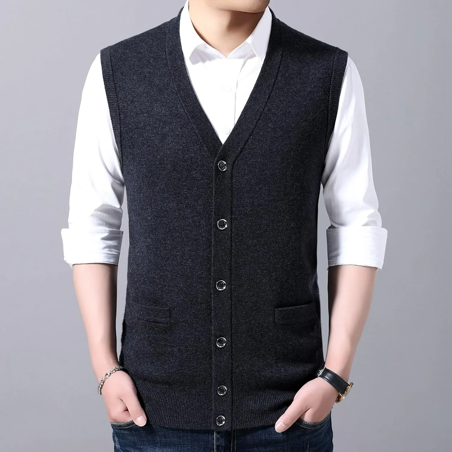 Men's Sleeveless Sweater Vest Button Down Knitted Lightweight Comfort V-Neck Cotton Solid Color Vest Pullover