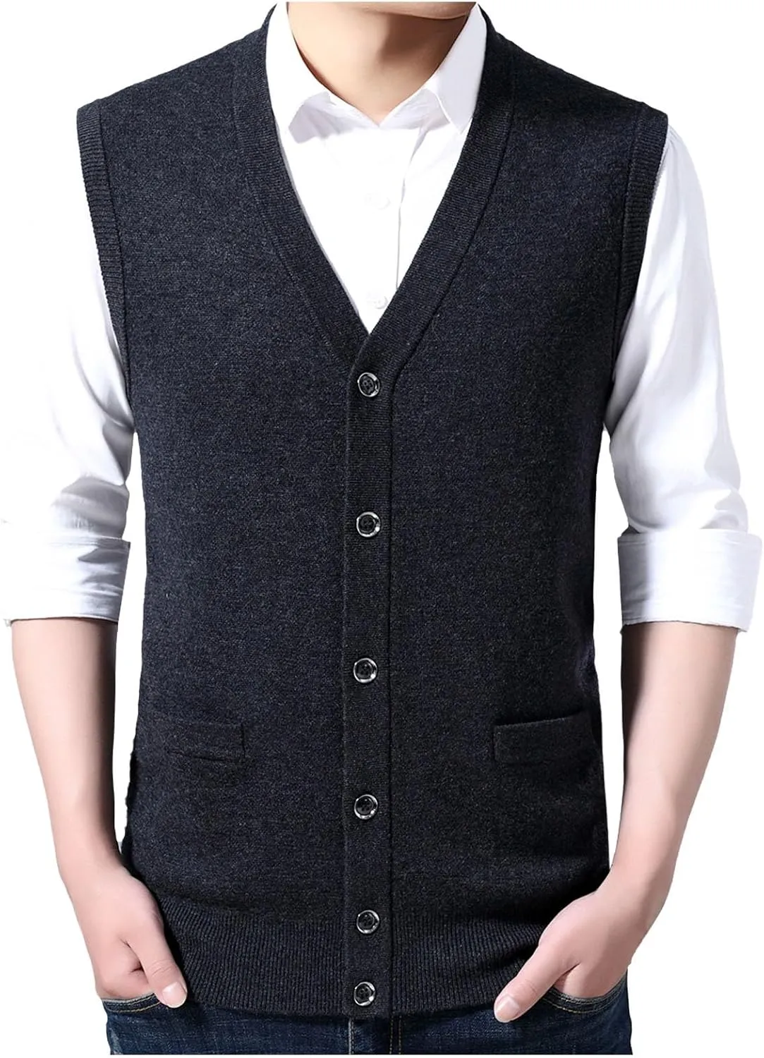 Men's Sleeveless Sweater Vest Button Down Knitted Lightweight Comfort V-Neck Cotton Solid Color Vest Pullover
