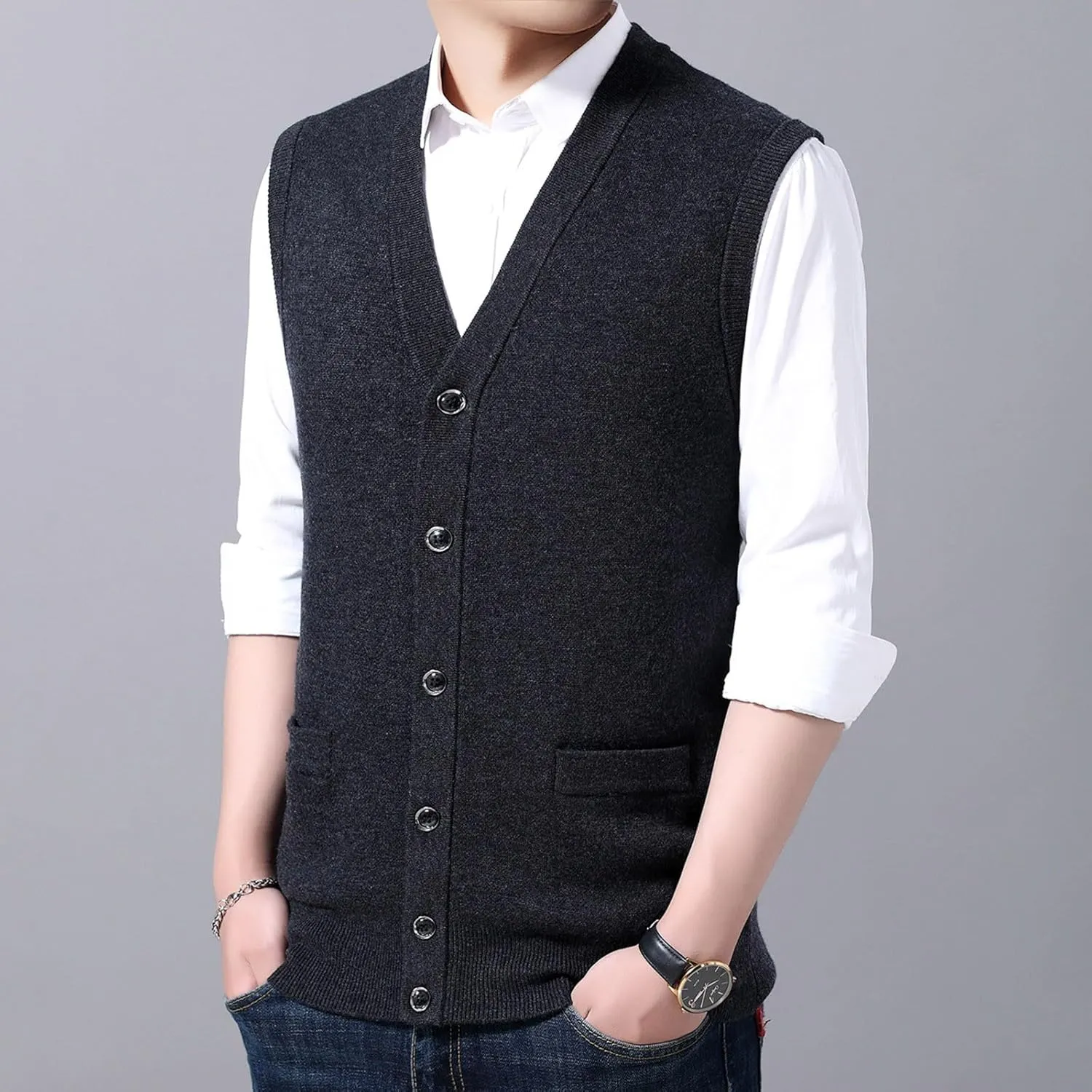 Men's Sleeveless Sweater Vest Button Down Knitted Lightweight Comfort V-Neck Cotton Solid Color Vest Pullover