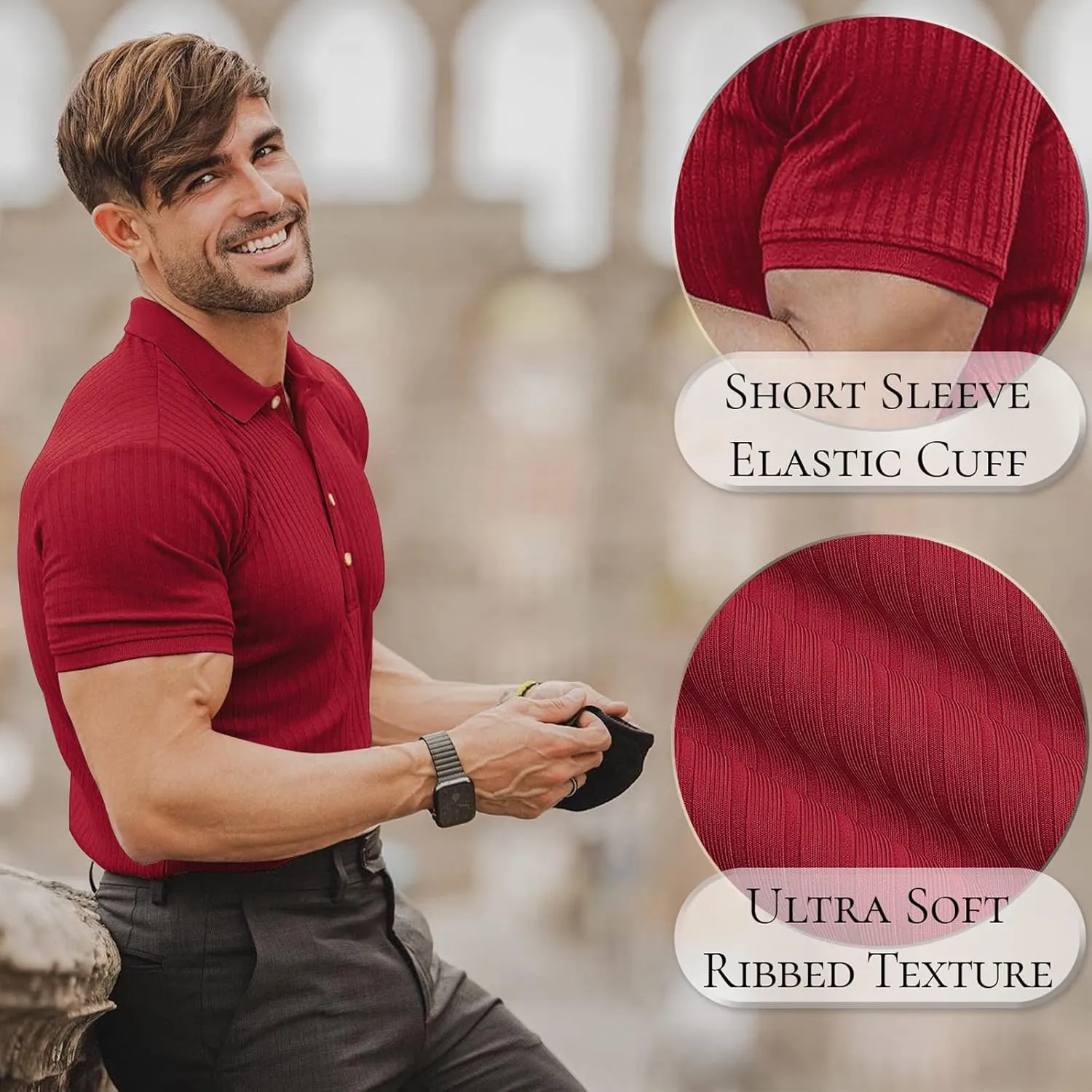 Muscle Polo Shirts for Men Short Sleeve Slim Fit Golf Shirts for Men Casual Dry Fit T Shirts Ribbed Knit Bowling Shirts