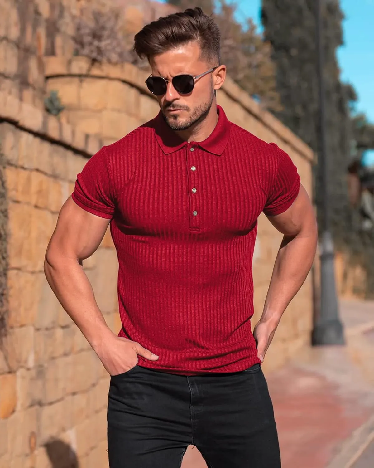 Muscle Polo Shirts for Men Short Sleeve Slim Fit Golf Shirts for Men Casual Dry Fit T Shirts Ribbed Knit Bowling Shirts