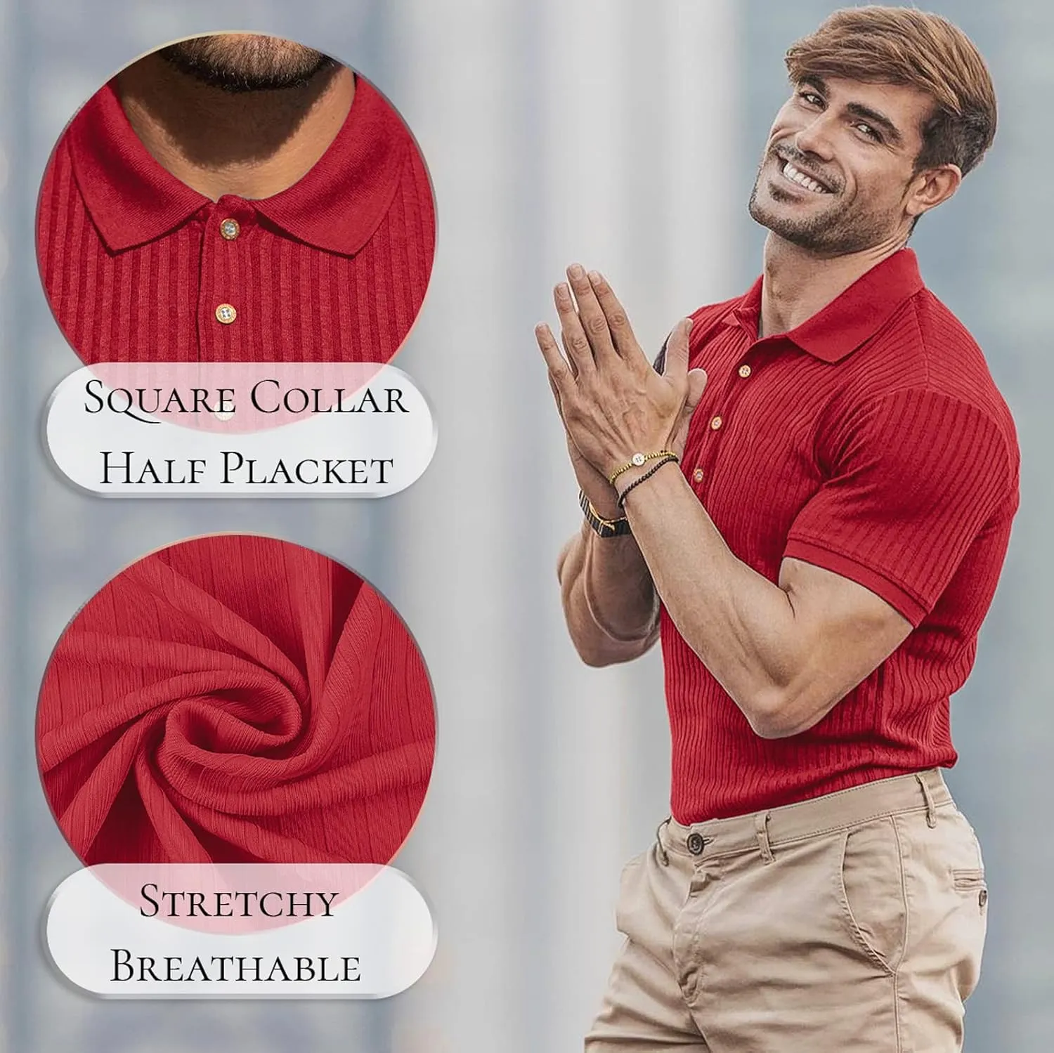 Muscle Polo Shirts for Men Short Sleeve Slim Fit Golf Shirts for Men Casual Dry Fit T Shirts Ribbed Knit Bowling Shirts