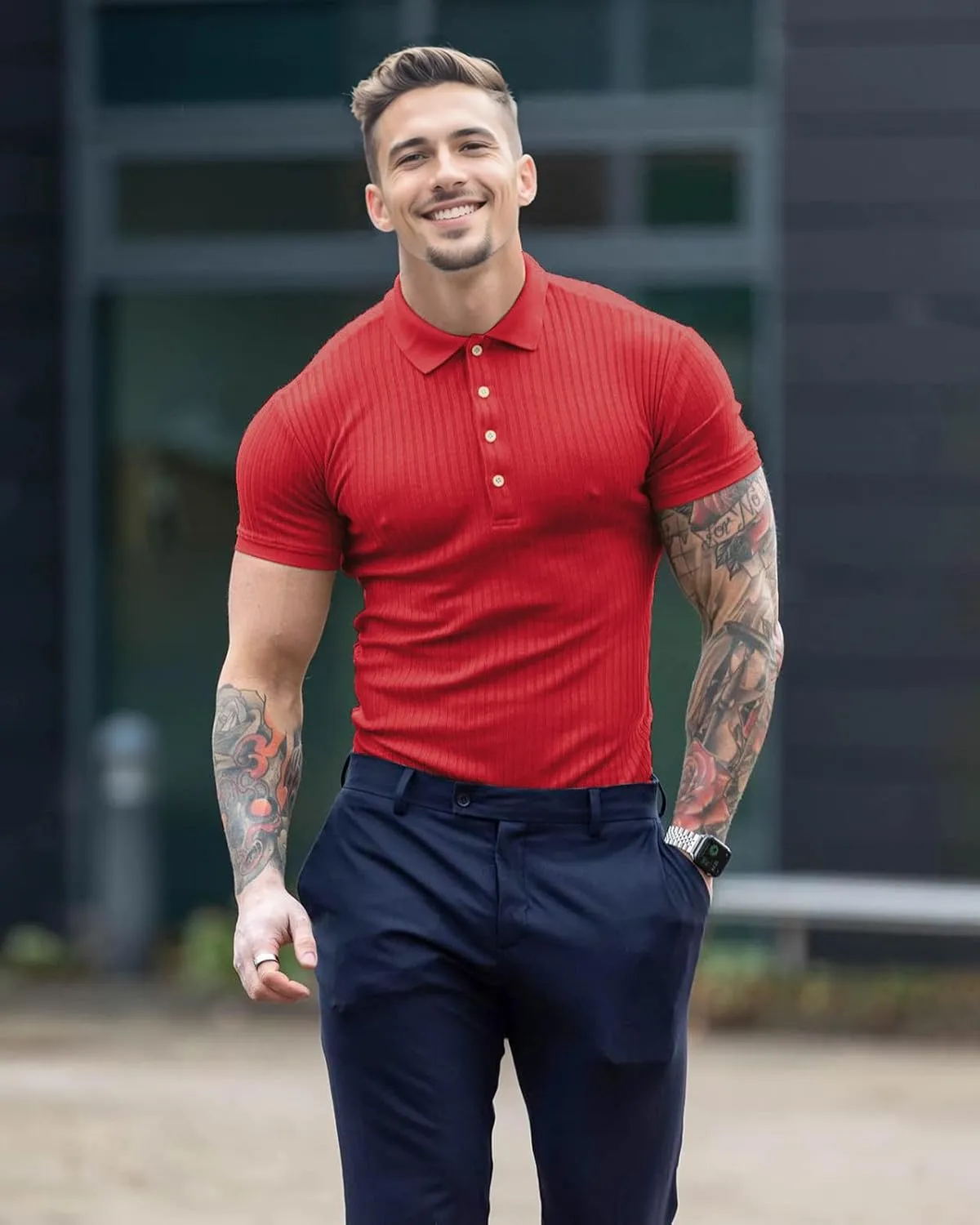 Muscle Polo Shirts for Men Short Sleeve Slim Fit Golf Shirts for Men Casual Dry Fit T Shirts Ribbed Knit Bowling Shirts