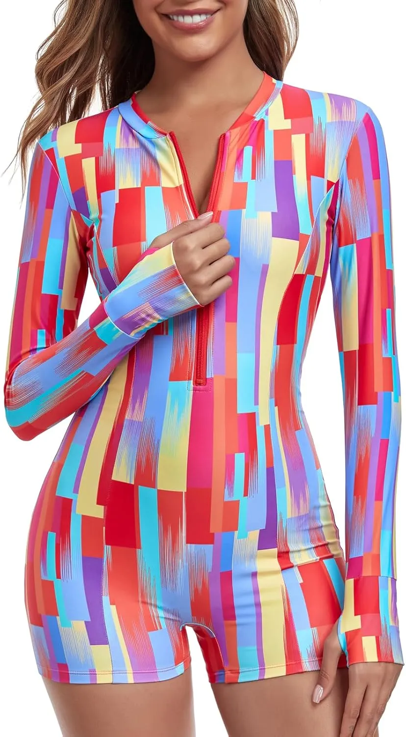 Ocean Blues Women's Long Sleeve One Piece Bathing Suit Athletic Boyleg One Piece Swimsuit UPF 50  Sun Protection Rash Guard