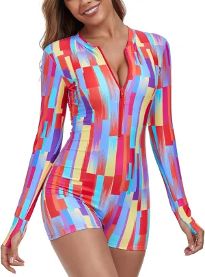 Ocean Blues Women's Long Sleeve One Piece Bathing Suit Athletic Boyleg One Piece Swimsuit UPF 50  Sun Protection Rash Guard