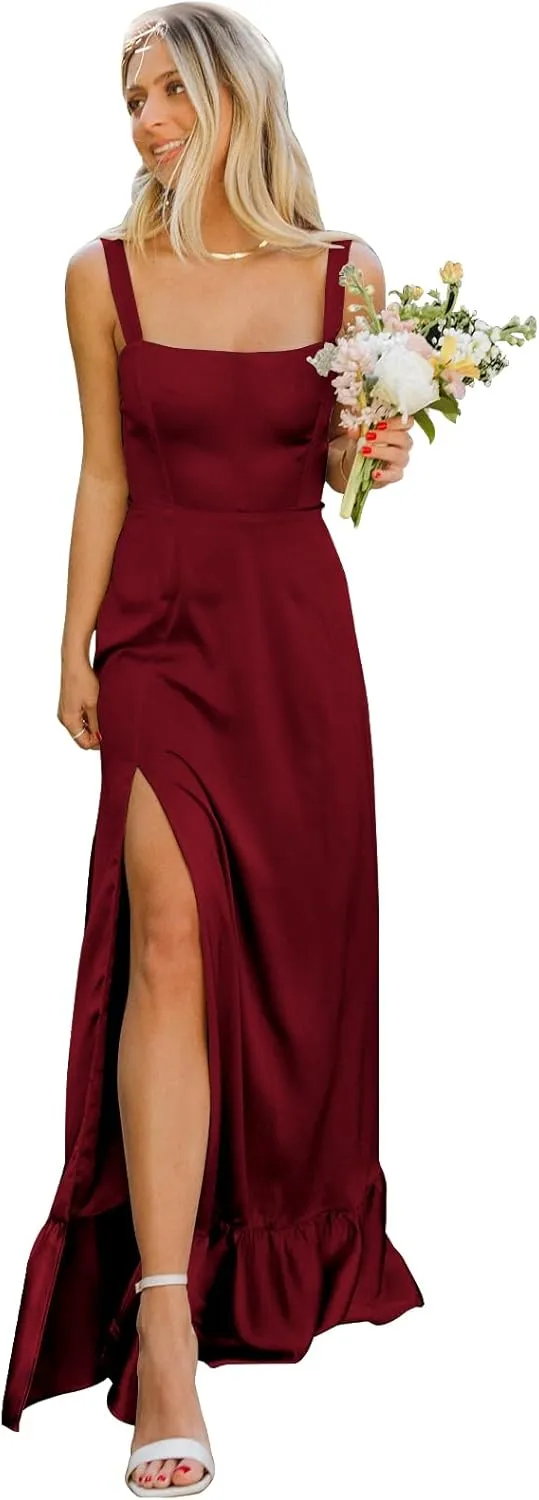 OFEECHUN Satin Bridesmaid Dresses for Women Square Neck Ruffle Evening Formal Gowns with Slit