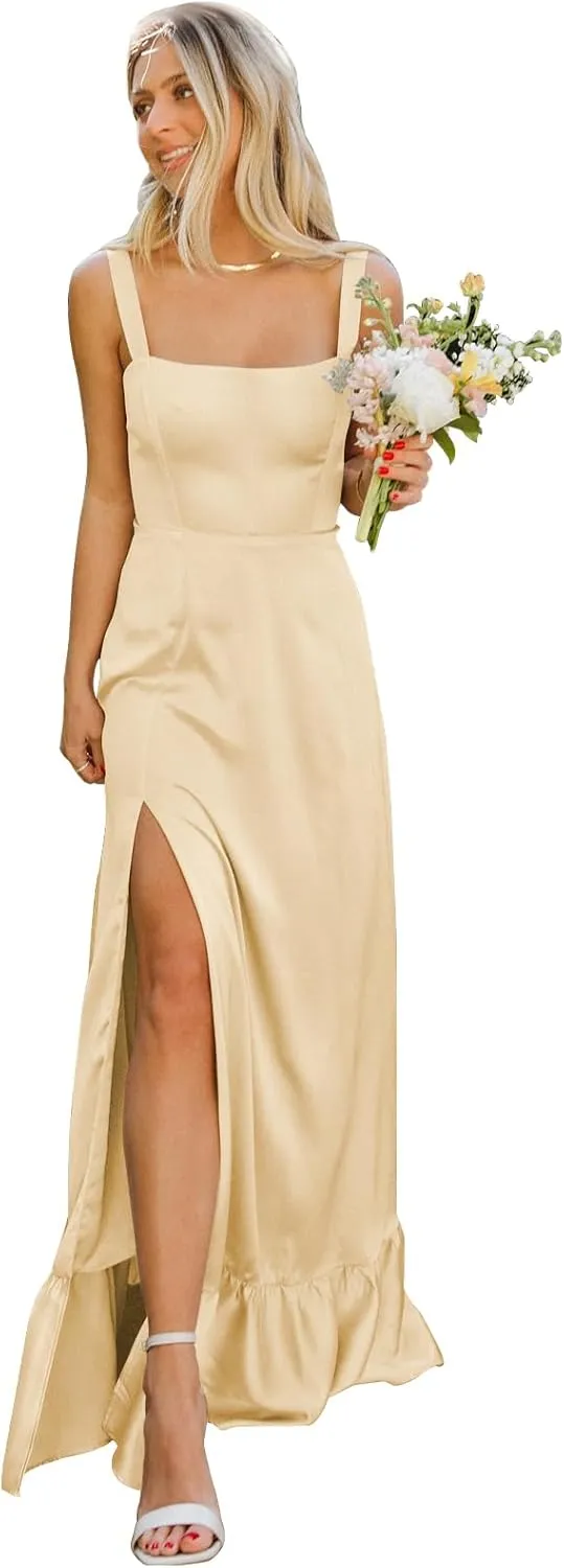 OFEECHUN Satin Bridesmaid Dresses for Women Square Neck Ruffle Evening Formal Gowns with Slit