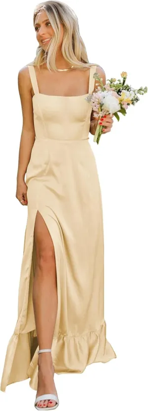 OFEECHUN Satin Bridesmaid Dresses for Women Square Neck Ruffle Evening Formal Gowns with Slit