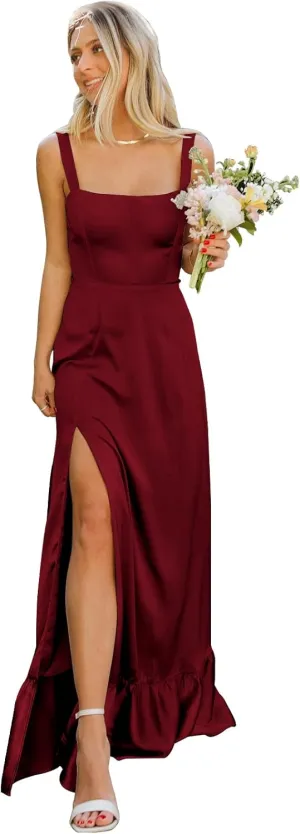 OFEECHUN Satin Bridesmaid Dresses for Women Square Neck Ruffle Evening Formal Gowns with Slit
