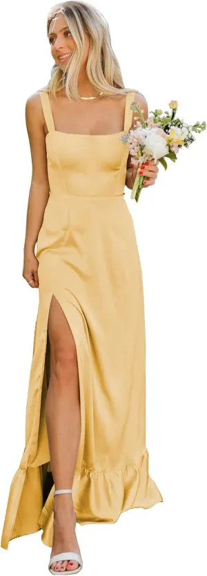 OFEECHUN Satin Bridesmaid Dresses for Women Square Neck Ruffle Evening Formal Gowns with Slit