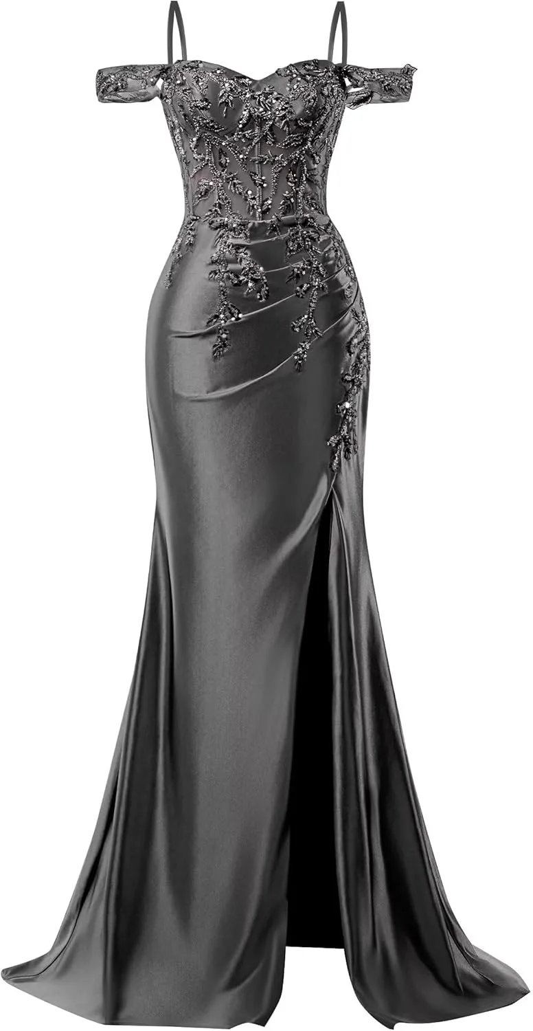 Off Shoulder Satin Prom Dresses 2025 Mermaid Lace Applique Formal Evening Party Gowns with Slit