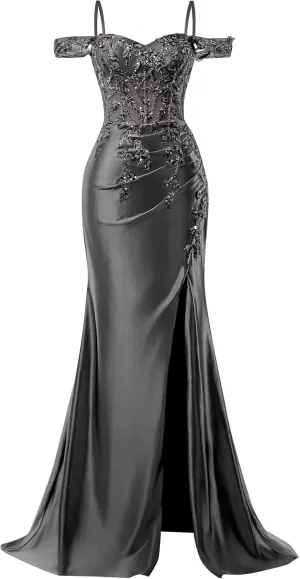 Off Shoulder Satin Prom Dresses 2025 Mermaid Lace Applique Formal Evening Party Gowns with Slit