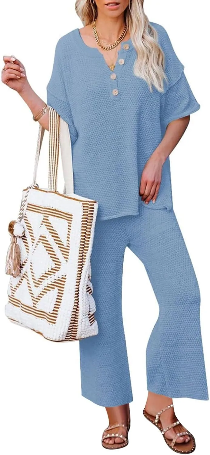 Oversized Knit Pajamas for Women Set Long Sleeve Pants Pj Henley Tops Lounge Set Soft Comfy Sleepwear Ladies Pjs Set