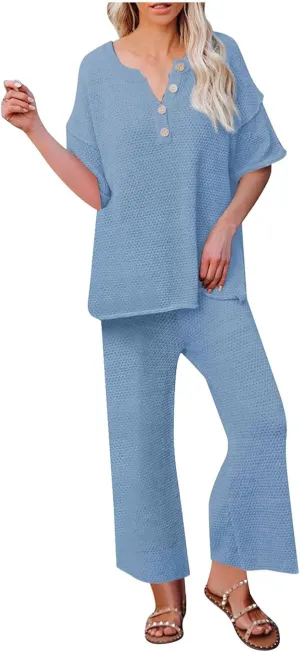 Oversized Knit Pajamas for Women Set Long Sleeve Pants Pj Henley Tops Lounge Set Soft Comfy Sleepwear Ladies Pjs Set
