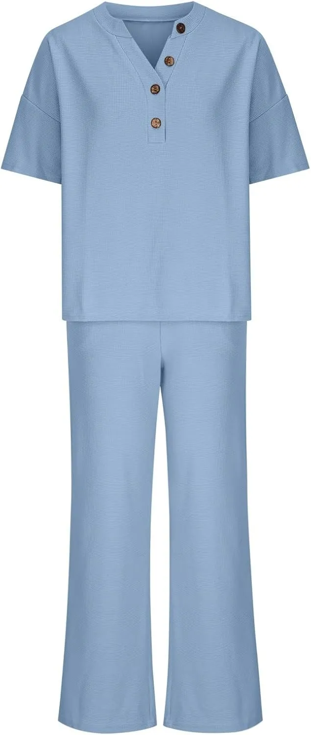 Oversized Knit Pajamas for Women Set Long Sleeve Pants Pj Henley Tops Lounge Set Soft Comfy Sleepwear Ladies Pjs Set