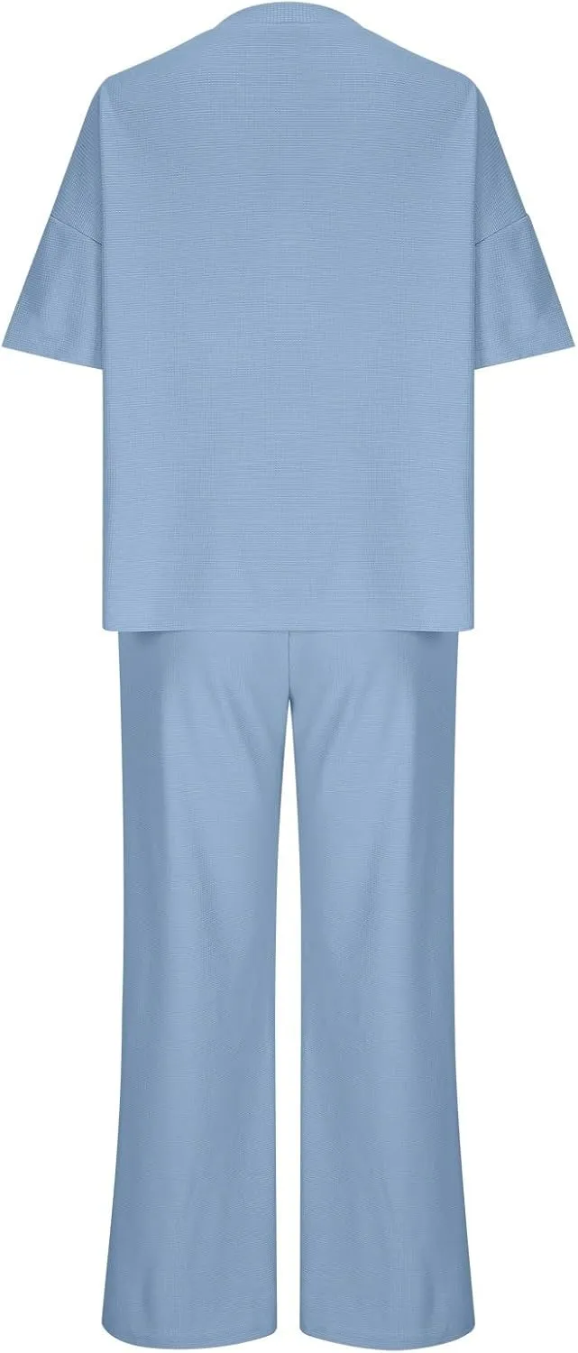 Oversized Knit Pajamas for Women Set Long Sleeve Pants Pj Henley Tops Lounge Set Soft Comfy Sleepwear Ladies Pjs Set