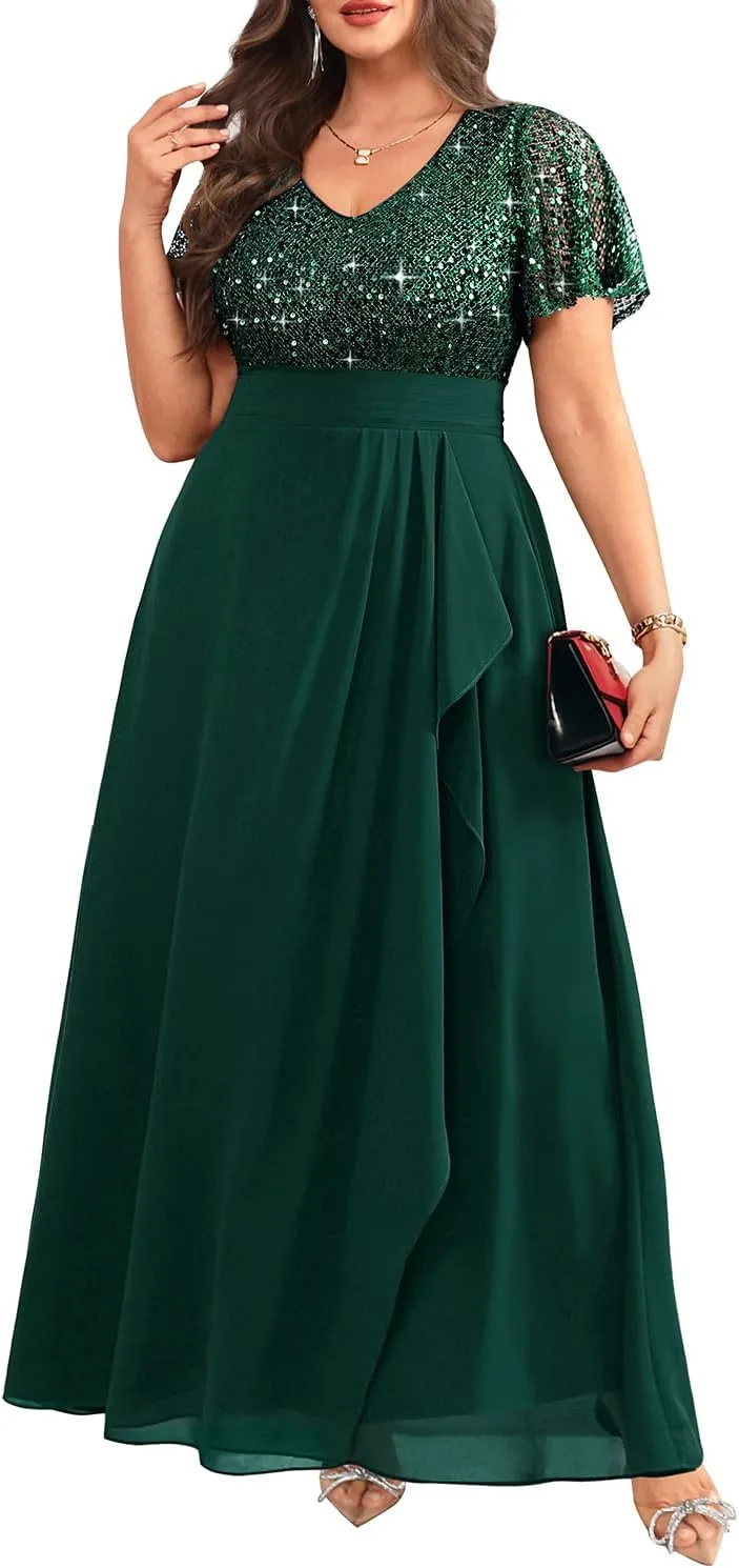 Pinup Fashion Women Plus Size Formal Dresses - Sequin Evening Gowns Wedding Guest Prom Long Dress