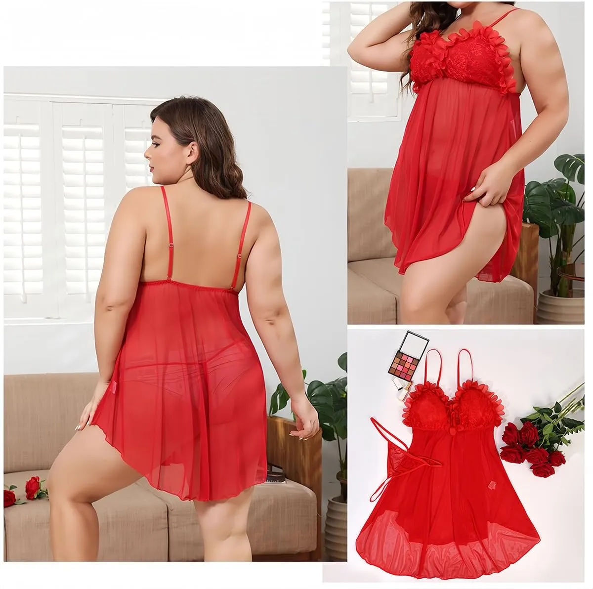 Plus Size Lingerie for Women Lace Babydoll Mesh Sleepwear, Sexy Chemise Strap Night Gowns