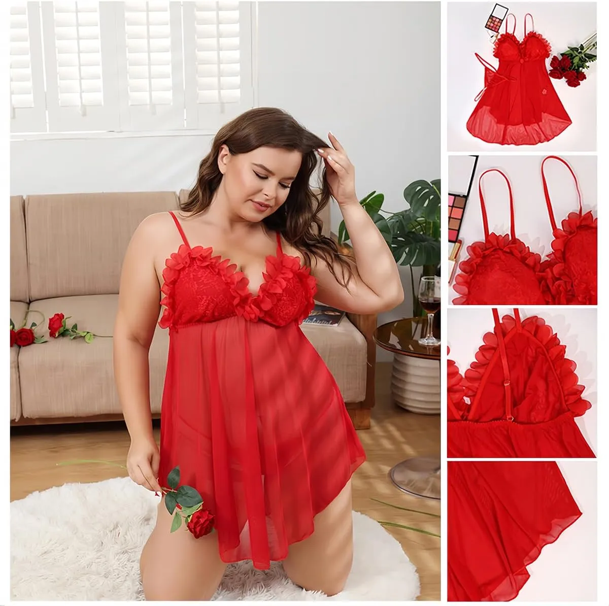 Plus Size Lingerie for Women Lace Babydoll Mesh Sleepwear, Sexy Chemise Strap Night Gowns