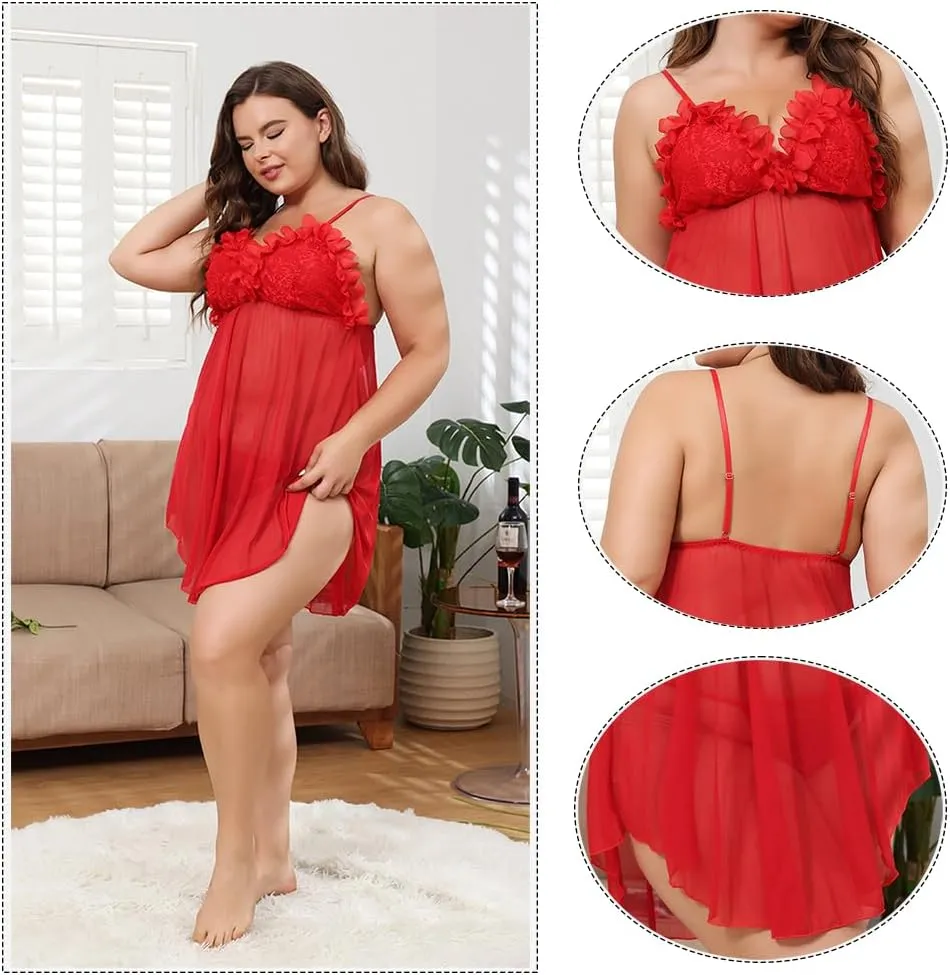 Plus Size Lingerie for Women Lace Babydoll Mesh Sleepwear, Sexy Chemise Strap Night Gowns