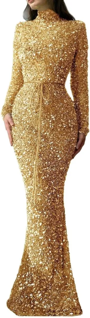 Sequin Mermaid Prom Dresses 2024 Sparkly High Neck Long Sleeve Bodycon Formal Evening Party Gowns with Belt