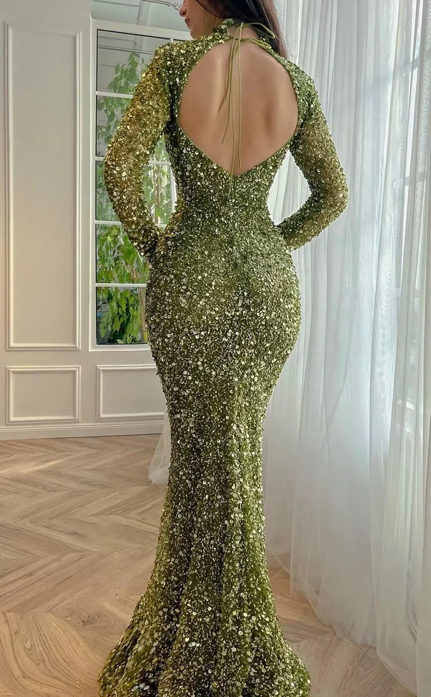 Sequin Mermaid Prom Dresses 2024 Sparkly High Neck Long Sleeve Bodycon Formal Evening Party Gowns with Belt