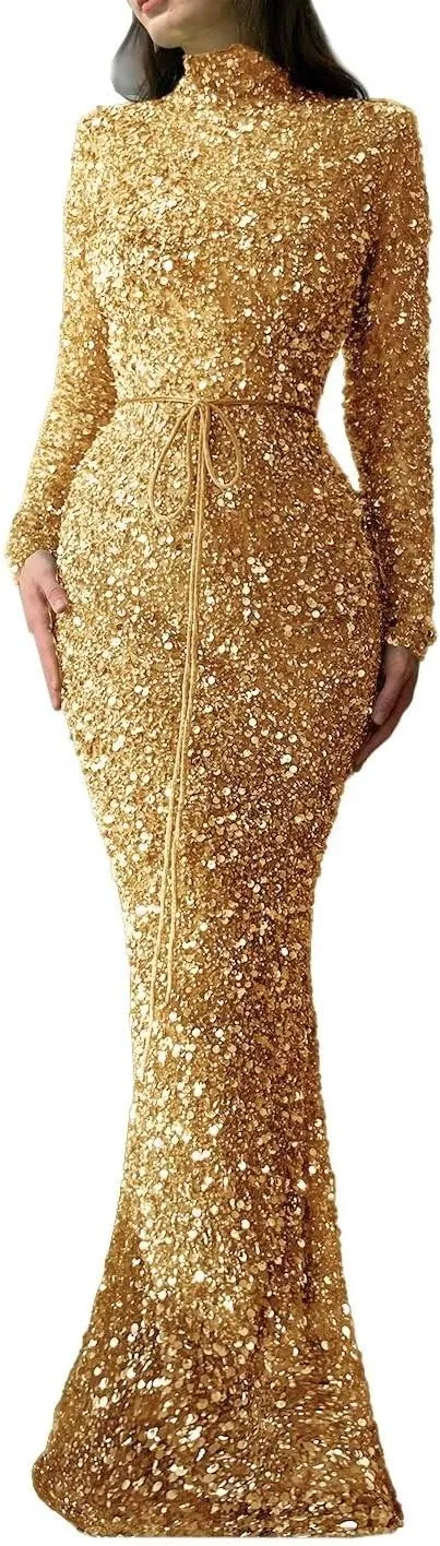 Sequin Mermaid Prom Dresses 2024 Sparkly High Neck Long Sleeve Bodycon Formal Evening Party Gowns with Belt